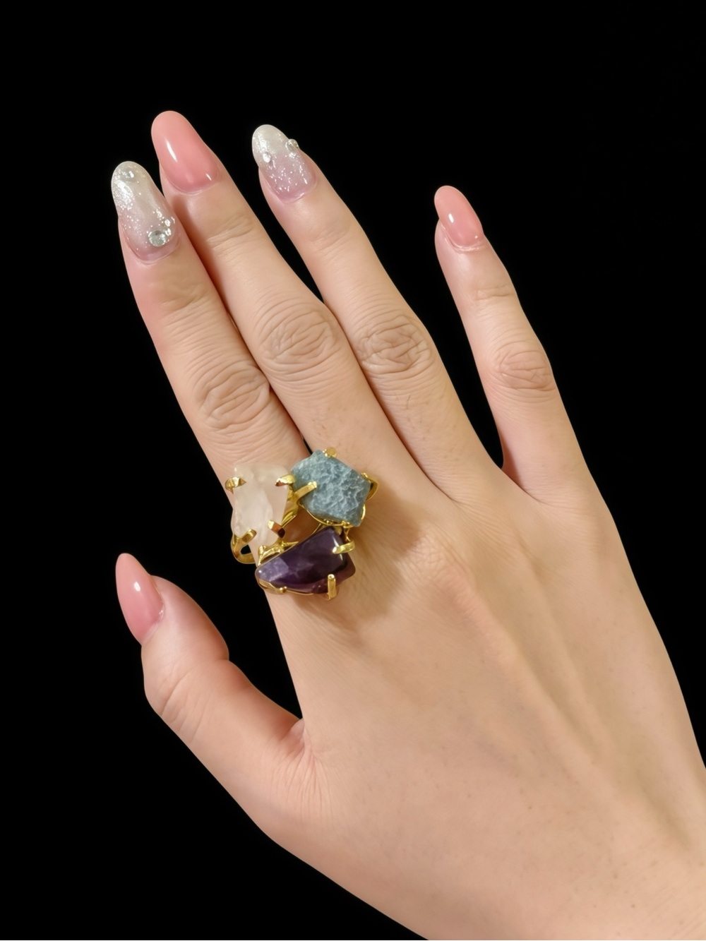 ✨Unique GP Triple Stone Ring with Amethyst, Aquamarine and Rose Quartz